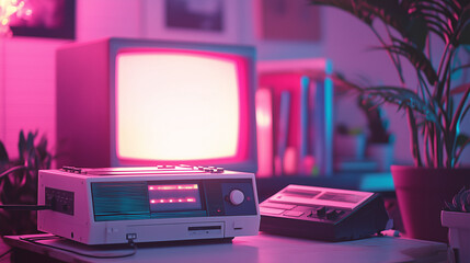 Vintage 90s Electronics with Cassette Player, Pink Neon Color Scheme, VHS Grain Effect