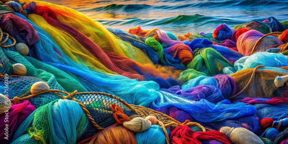 Aufkleber vibrant double exposure of colorful fishnets in a pile with abstract patterns and textures, capturin