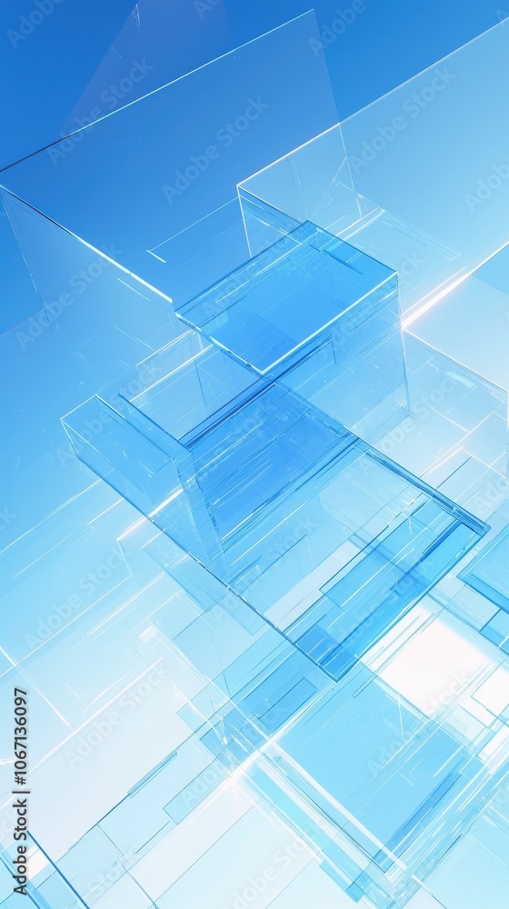 Poster Translucent blue geometric shapes layered to create a modern, abstract design with a sense of depth and light.