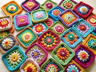 Vibrant Crochet Granny Squares: A Colorful Collection of Handmade Craft Samples Showcasing Various Designs and Textures for Craft Hobby Enthusiasts and Decor Inspiration