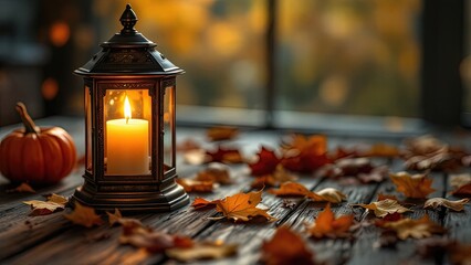A cozy lantern illuminates a serene autumn scene with vibrant leaves and a small pumpkin, creating a warm, inviting atmosphere.