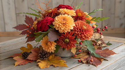 Autumn-inspired bouquet of red and orange flowers with a cozy mood on a rustic wooden table
