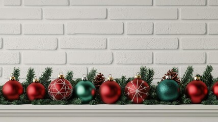 Closeup of dreidels and Christmas baubles on a mantel, festive and bright
