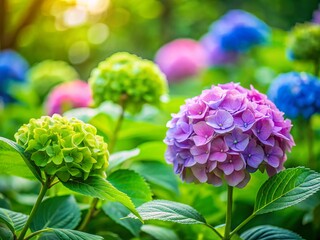 Fototapeta premium Vibrant Hydrangeas Blooming in a Serene Green Garden Setting with a Minimalist Aesthetic, Showcasing the Beauty of Nature's Palette and the Tranquility of Outdoor Spaces