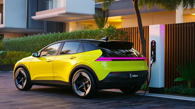 A brightly colored electric car charging at a station in a contemporary condominium parking lot, representing the future of urban mobility and sustainable living.
