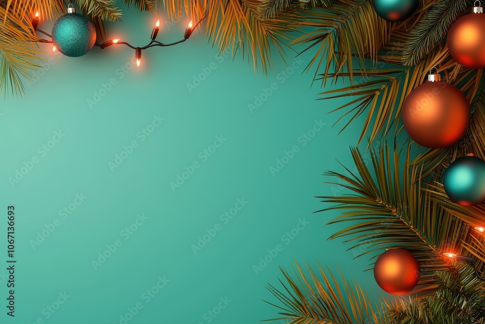 Poster a festive arrangement of evergreen branches with colorful ornaments and string lights on a bright te