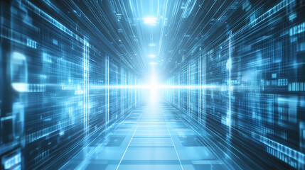 Abstract corridor perspective hall digital technology background. blue light in digital hall. 3d illustration. Futuristic. Illustration