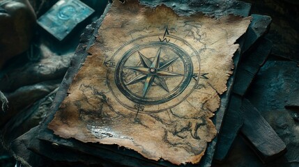 Fototapeta premium Antique Treasure Map with Compass Rose Aged Parchment Exploration