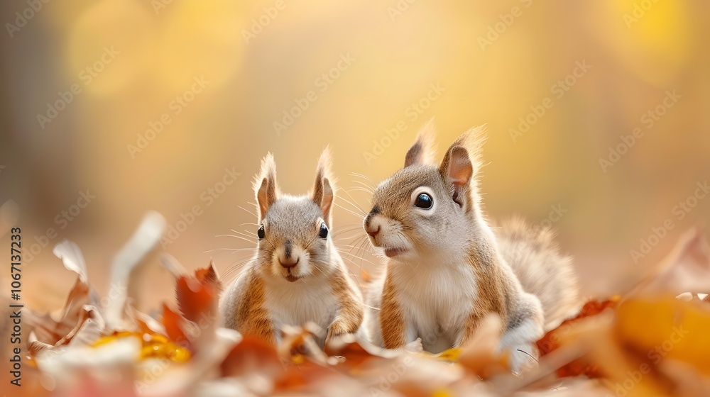 Poster pair of cute squirrels in a macro perspective against subtle minimalist fall colors ai generated ill