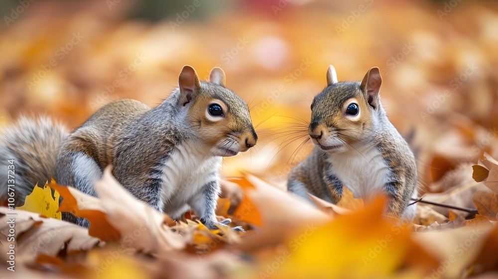 Poster pair of cute squirrels in a macro perspective against subtle minimalist fall colors ai generated ill