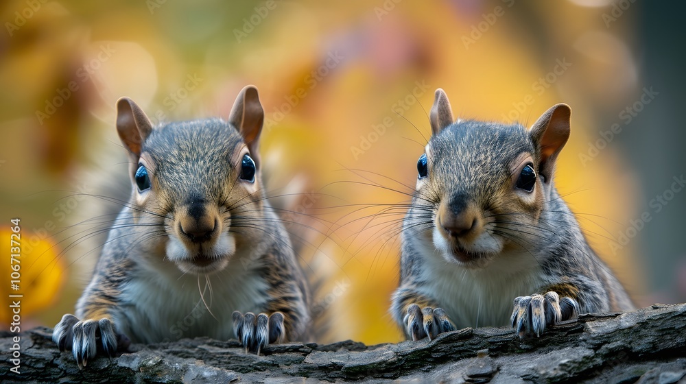 Poster pair of cute squirrels in a macro perspective against subtle minimalist fall colors ai generated ill
