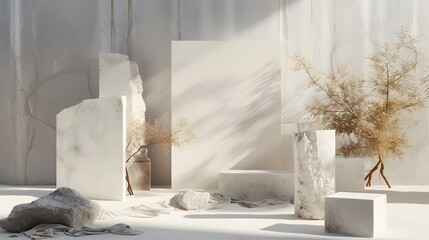 Oversized gypsum props scattered around a modern simplistic podium AI generated illustration