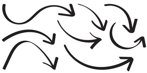 Set of black hand drawn arrow element vector. Collection of doodle arrows, lines, symbol, pointing mark, shapes on white background.