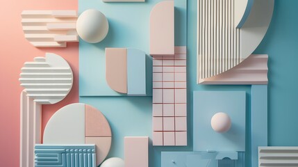 Pale pastelcolored geometric shapes arranged in a flat lay with a cinematic feel AI generated illustration