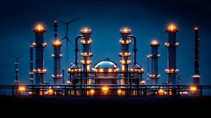 Fototapeta premium Futuristic hydrogen power plant illuminated at night powered by renewable energy from wind and solar farms set against a vibrant modern industrial landscape