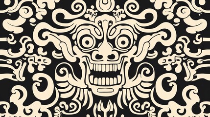 Asian Dragon Mask Tribal Art Black and Beige Swirls Seamless Pattern
