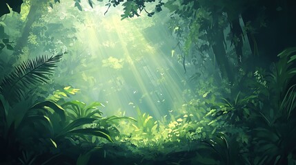 Obraz premium Sunlight filtering through lush tropical jungle foliage.