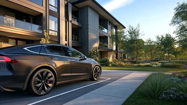 A contemporary condominium with an eco-friendly electric vehicle charging at a designated EV station in the parking lot, illustrating a commitment to sustainability.