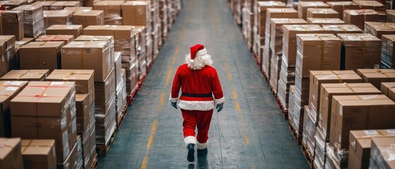 Santa strolling through a massive warehouse where gifts are packed into shipping containers, ready for transport, Santa Warehouse, holiday exports, worldwide delivery