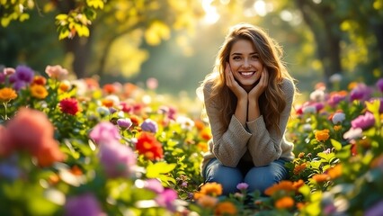 Woman Kneeling in a Blooming Garden Surrounded by Vibrant Flowers With a Serene Smile Symbolizing Gratitude and Appreciation for Nature's Beauty