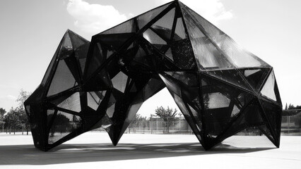 Futuristic architecture of a black angular building with unique geometric patterns