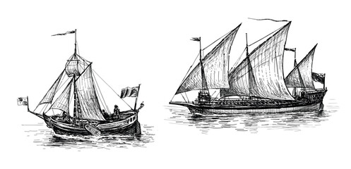 Sketches of ancient sailing ships in sea, vector hand drawn illustration isolated on white