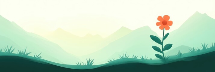 Fototapeta premium Bright orange flower with green leaves in serene mountain landscape.