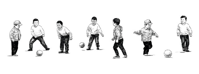 Sketches of little boys playing football, realistic hand drawing, vector illustration