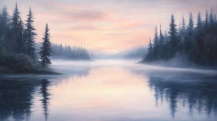 Fototapeta premium Misty lake at dawn with pine trees reflecting on calm water.