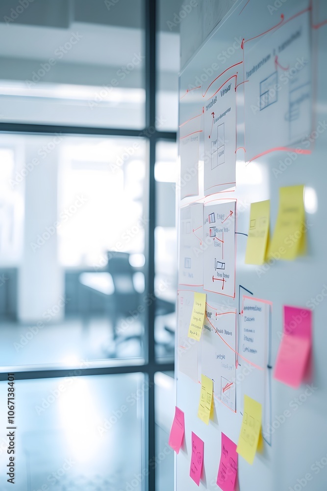 Poster pastelcolored flowcharts on a whiteboard in a minimalist setting ai generated illustration