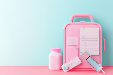Obraz premium pink medical kit with syringe, thermometer, and medicine bottle, ideal for health precautions during travel. Stay prepared and safe on your journeys!
