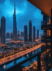 Obraz premium Dusk View of Dubai Skyline from a High-Rise Balcony