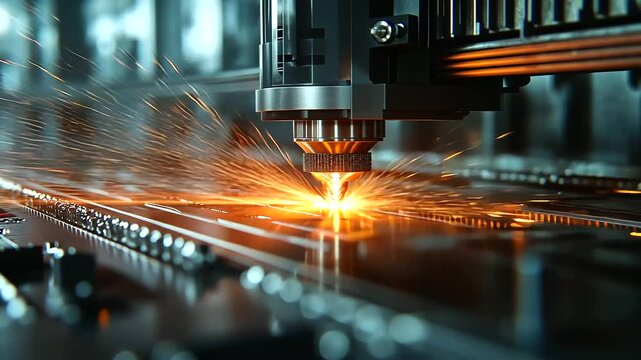 A futuristic 3D printer using laser sintering technology to print intricate metal parts, with sparks flying as the laser fuses the powder into a solid object, embodying the 4.0 ind