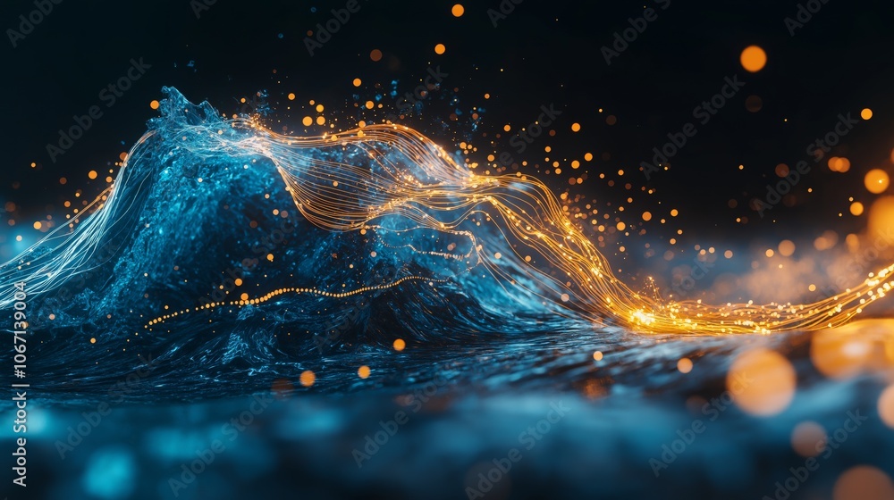 Poster Abstract attractive technological background with the movement of a flowing wave of data transfer in stylish high-tech colors. Concept of digital data flow