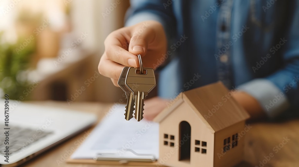 Poster person offering keys alongside housing contracts symbolizing property ownership transfer ai generate