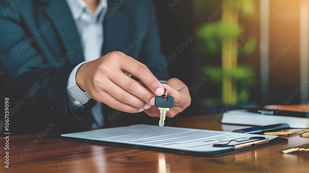 Poster person offering keys alongside housing contracts symbolizing property ownership transfer ai generate