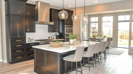 Fototapeta premium Modern Kitchen with Black Cabinets and a Kitchen Island