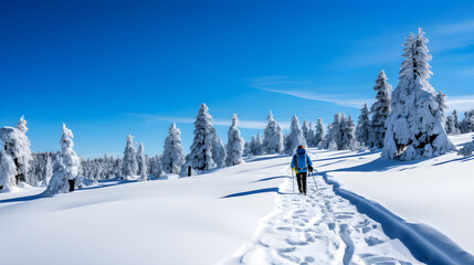 Winter Hiking Through Snowy Forest Landscape Person Walking on Trail With Snow Covered