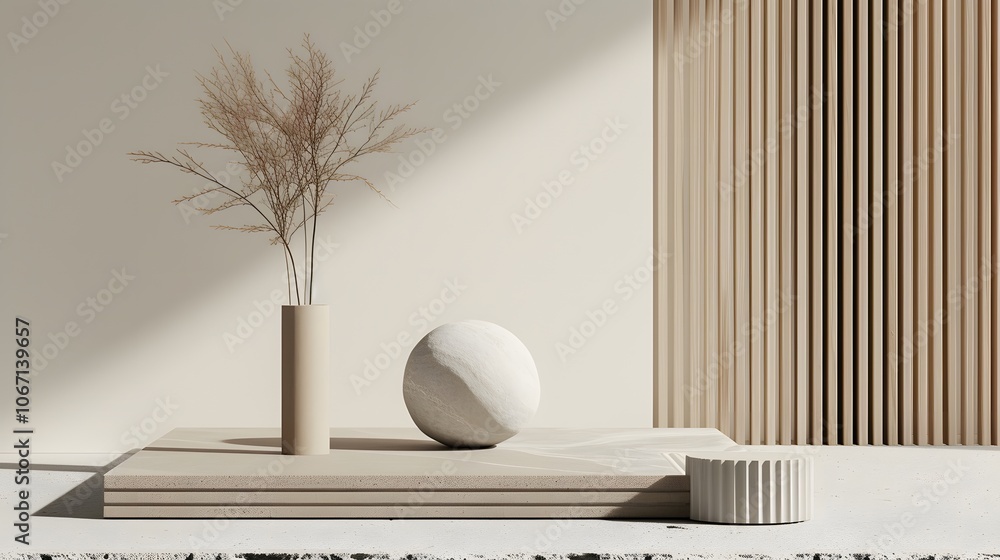 Poster podium presented with gipsum props displaying details on a macro and minimalistic scale ai generated