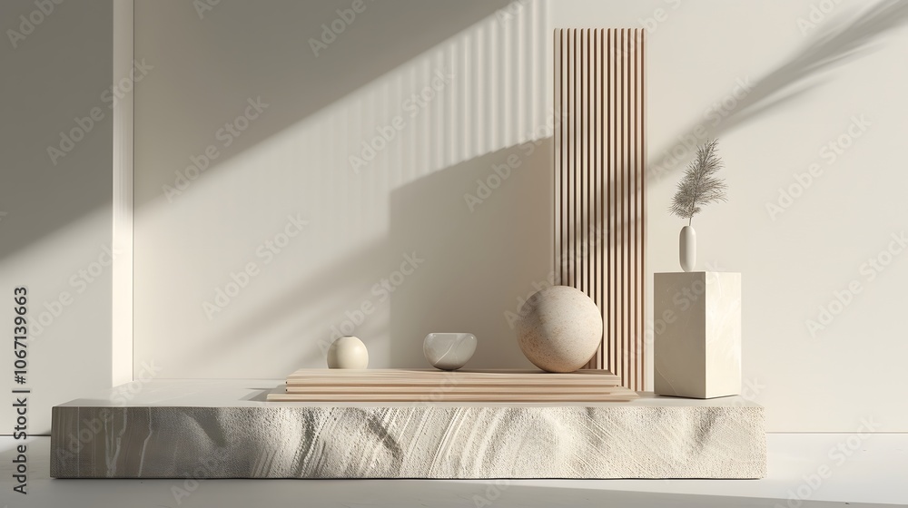 Poster podium presented with gipsum props displaying details on a macro and minimalistic scale ai generated