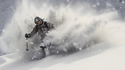 Skier in Powder Snow Winter Sports Action Extreme Skiing Mountain Snowboarding Snow Bl