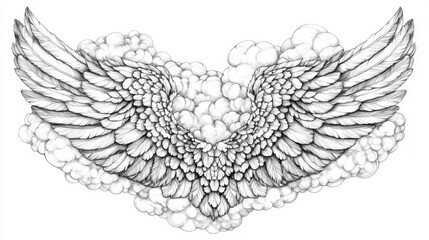 Fototapeta premium Angelic Wings in Clouds Dreamlike Pencil Sketch Art Print