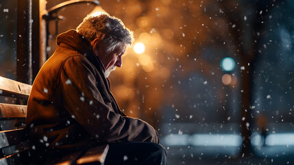 Fototapeta premium Lonely Elderly Man Sitting on a Bench in the Snow at Night