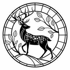 Stained Glass Christmas Deer round sing Black silhouette