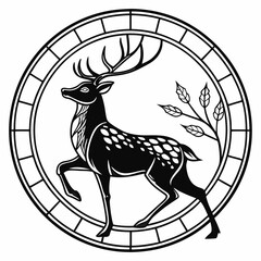 Stained Glass Christmas Deer round sing Black silhouette