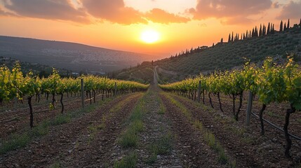 Naklejka premium Sunset Over Vineyard Rows with Golden Light.