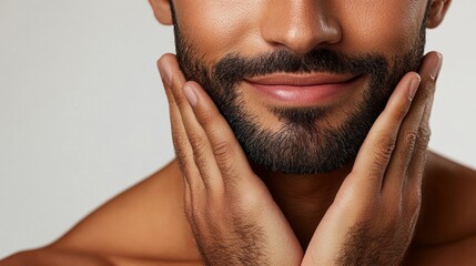 Fototapeta premium Man s Hands Touching Soft Dark Beard Skincare Closeup