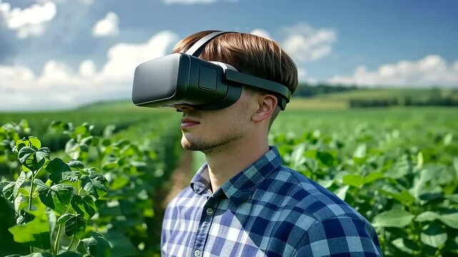 A modern farmer utilizing weather prediction software to protect crops from impending storms.