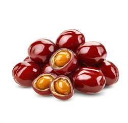A Heap of Red Palm Fruit with Two Halves Revealing the Yellow Flesh