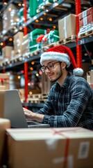 Festive warehouse worker in Santa hat using laptop amid stacked boxes and twinkling lights, blending holiday cheer with logistics efficiency.